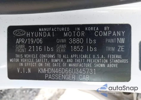 2006 Hyundai Elantra Gls/Limited z USA, uszkodzony, nr VIN KMHDN46D66U345731